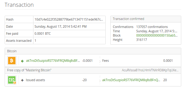 The Issuance Transaction - as viewed on coinprism.info